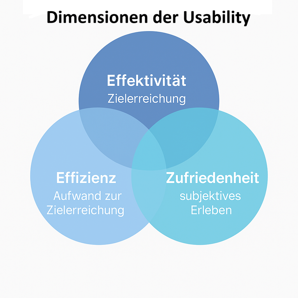 Drei Dimensionen der Usability: Effektivität, Effizienz, Zufriedenheit